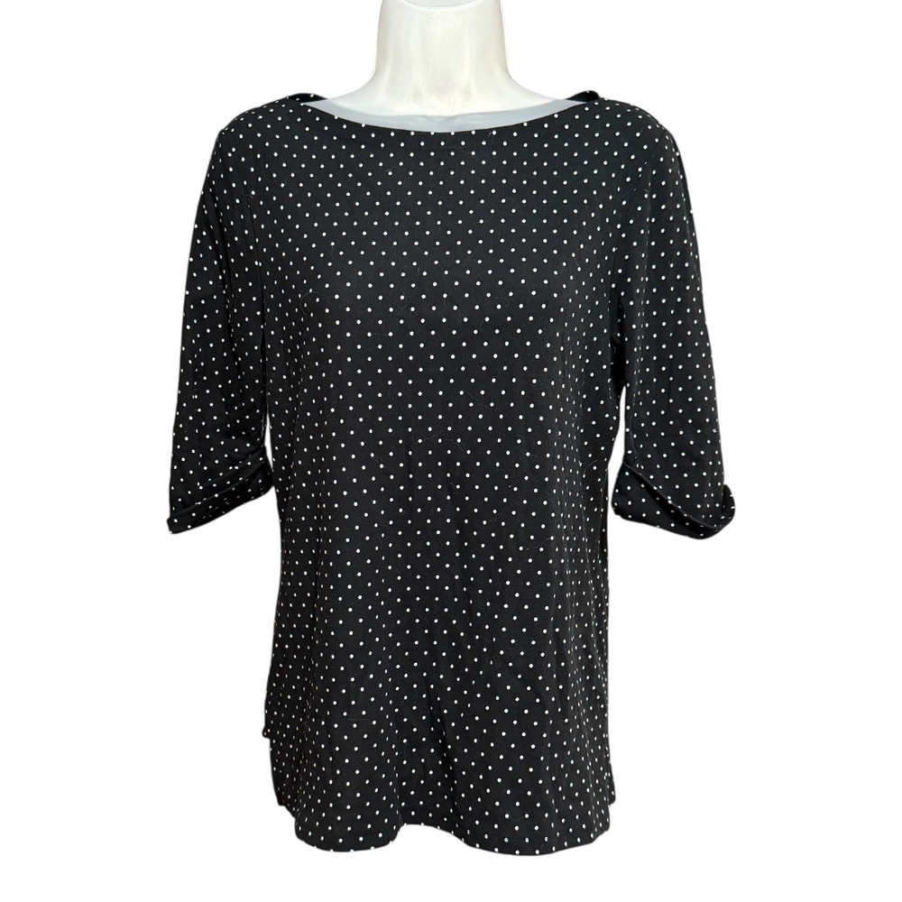Lauren Ralph Lauren Black Polka Dot‎ Boatneck 3/4 Sleeve Top Large